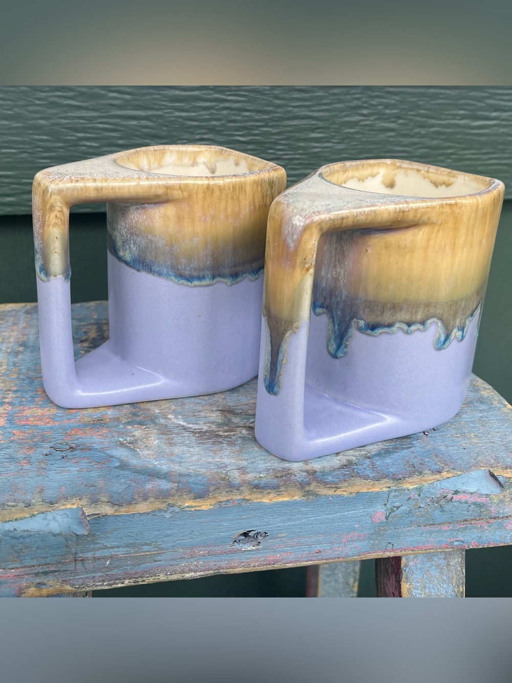 Rodolfo Padilla signed RARE lavender Vintage Mugs (2) stackable drip glaze 70s